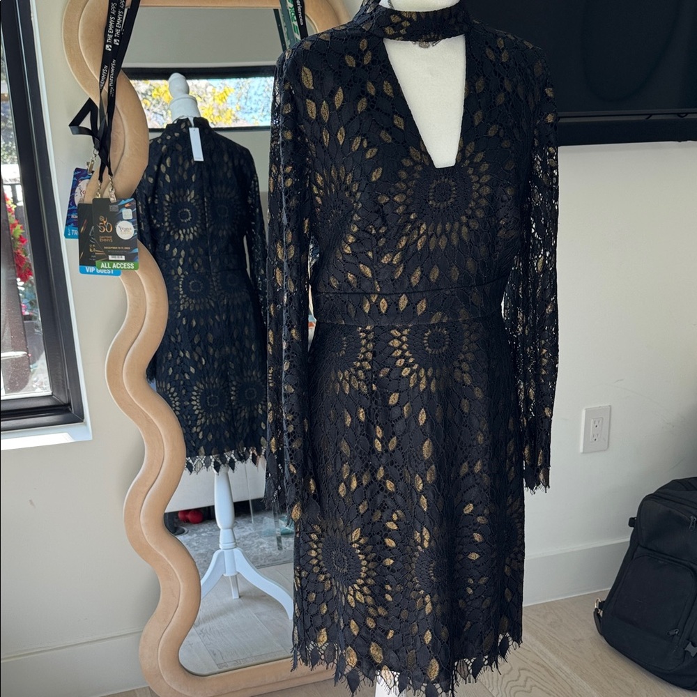 NWT Trina Turk Black and Gold Lace Dress